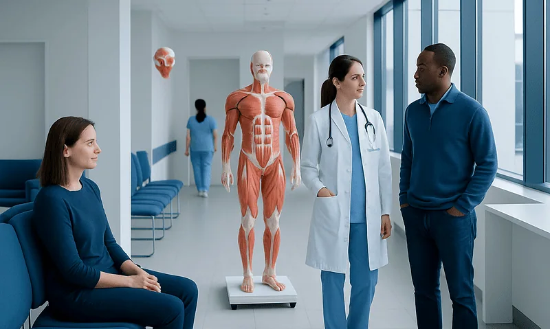 Medical professionals discussing in a hospital corridor with muscle anatomy model.