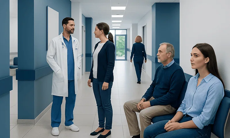 Medical consultation at Acibadem Hospital with doctor and patients.