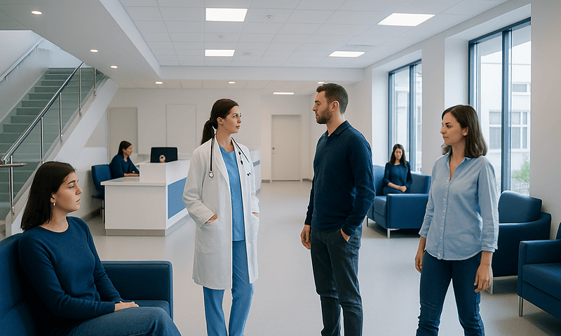 Patients and doctor in a modern hospital waiting area.