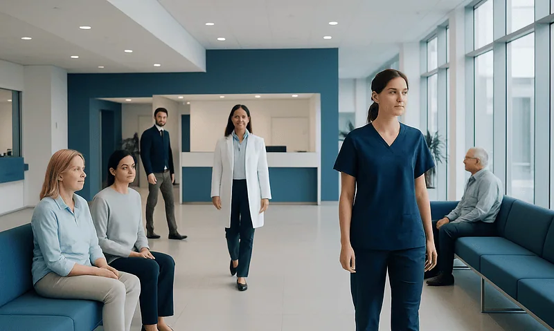 Modern hospital waiting area with healthcare professionals and patients.
