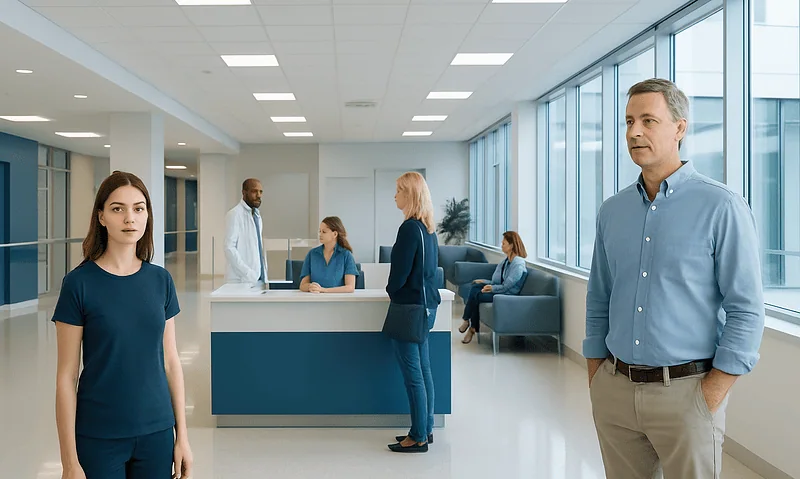 Modern hospital reception area with staff and patients.