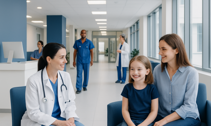 Happy young girl with mother at hospital visit with medical staff in background.