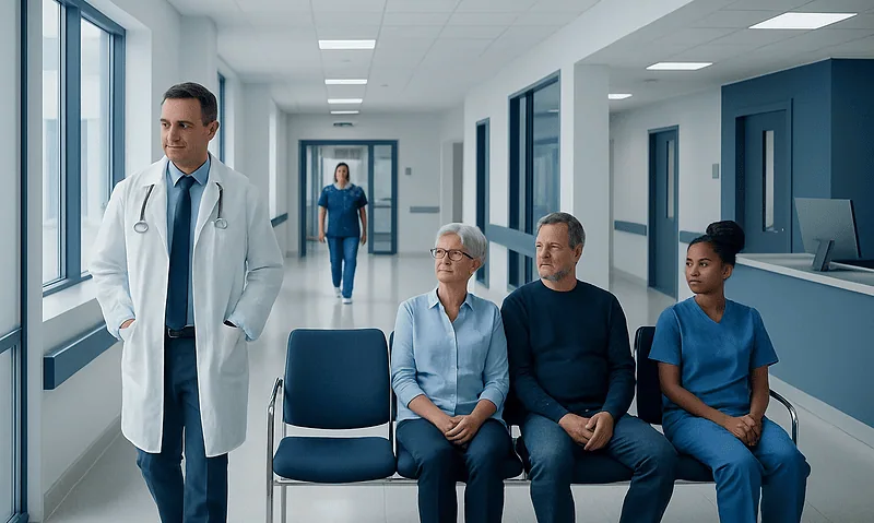 Medical consultation in a hospital corridor with doctor and patients.