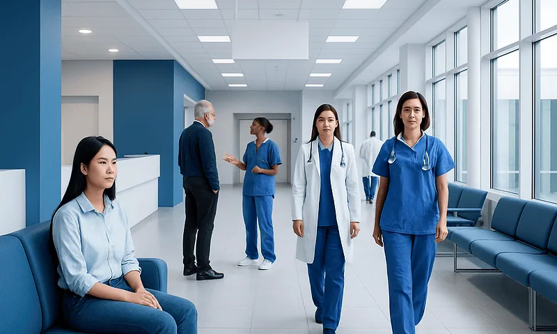 Healthcare professionals and a patient in a modern hospital corridor.