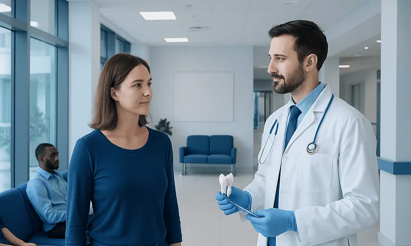 Doctor explaining dental procedure to a patient in a hospital corridor.