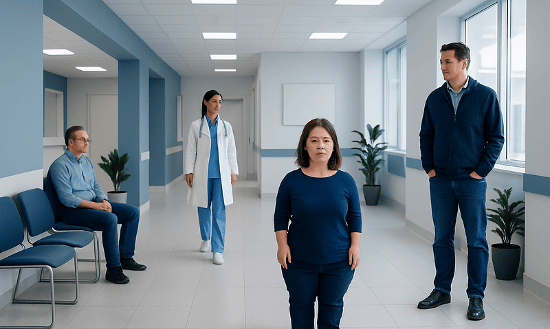 Patients and medical staff in a hospital corridor at Acibadem Hospitals Group.