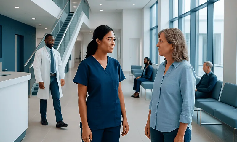 Healthcare professionals engaging in a discussion in a modern hospital lobby.