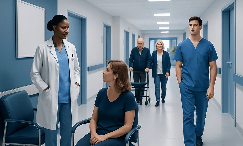Healthcare professionals and patients in a hospital corridor.