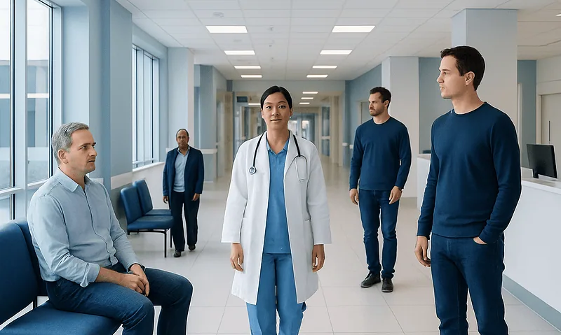 Medical team in hospital corridor with doctor and patients.