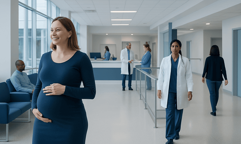 Pregnant woman smiling in hospital corridor with medical staff nearby.