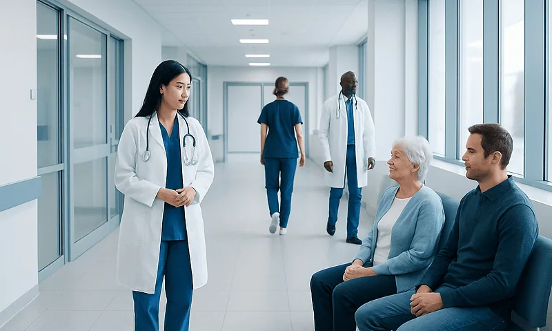 Healthcare professionals and patients in a modern hospital corridor.