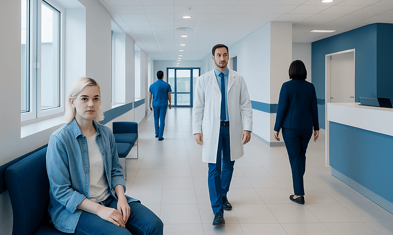 Hospital corridor with medical staff and patients in a modern healthcare facility.