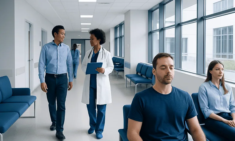Wim Hof Breathing: What Patients Need to Know 6 Patients waiting in a hospital corridor with medical staff nearby.