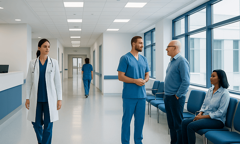 Medical professionals and patient in a hospital corridor at Acibadem Hospitals Group.