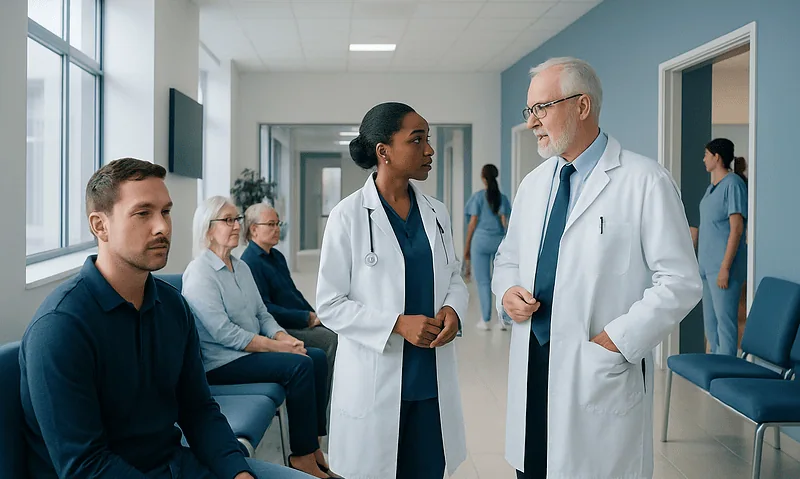 Medical team consulting with patient in hospital corridor.