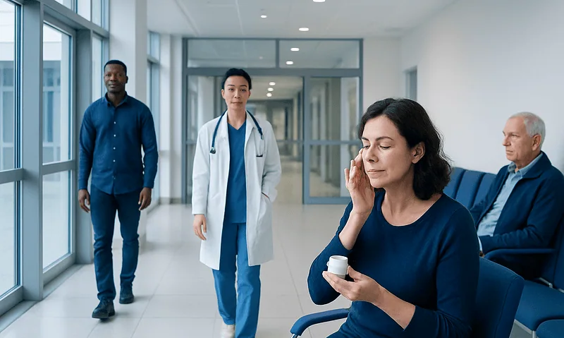 Woman applying wrinkle cream in a hospital corridor with medical staff nearby.