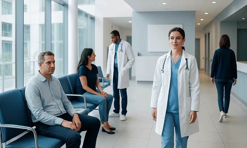 Medical professionals and patients in a hospital corridor.
