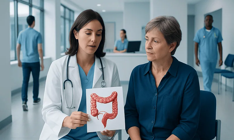 Doctor explaining colon health to a patient in a hospital setting.