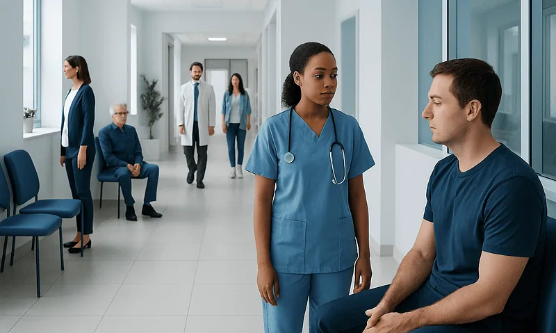 Healthcare professionals and patients in a hospital corridor.