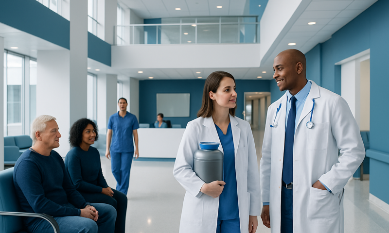 Healthcare professionals and patients in a modern hospital corridor.