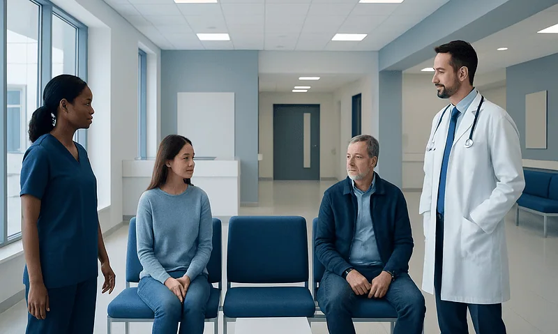 Medical consultation at Acibadem Hospitals Group with doctor and patients.