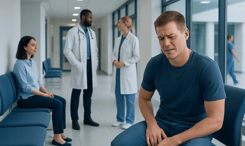 Patient experiencing hip pain in a hospital corridor with medical staff nearby.