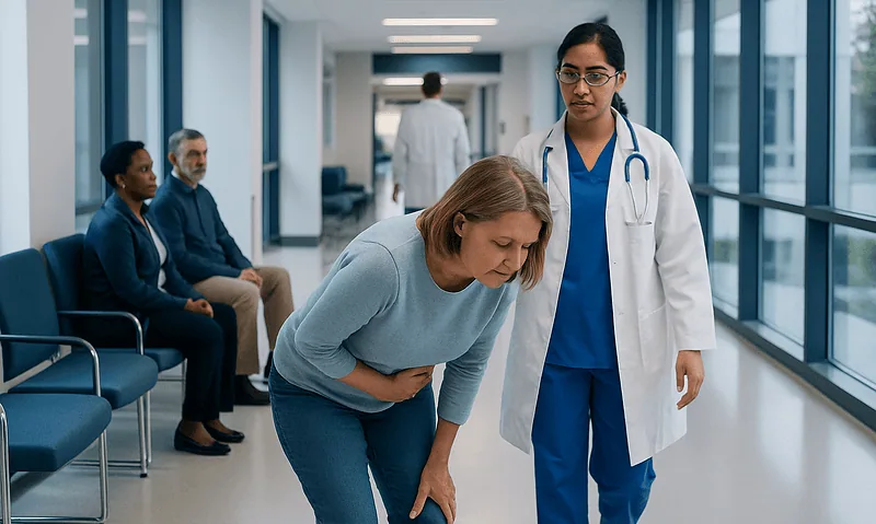 Patient experiencing back pain in a hospital corridor with medical staff nearby.