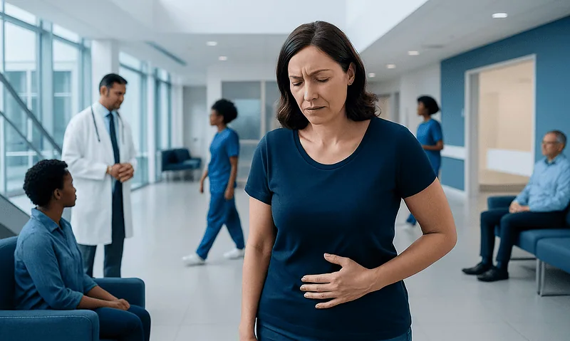 Right side of stomach hurts: Common Causes, Warning Signs, and When to Worry 10 Woman with stomach pain in hospital waiting area.