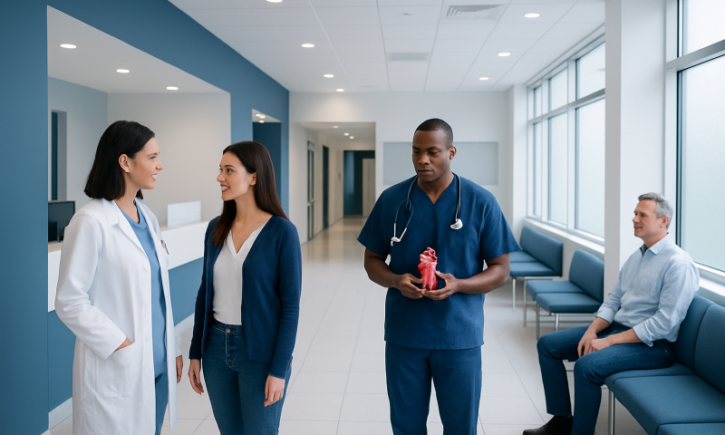 Medical professionals discussing patient care in a hospital corridor.