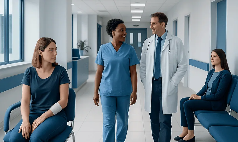 Healthcare professionals and patients in a hospital corridor.