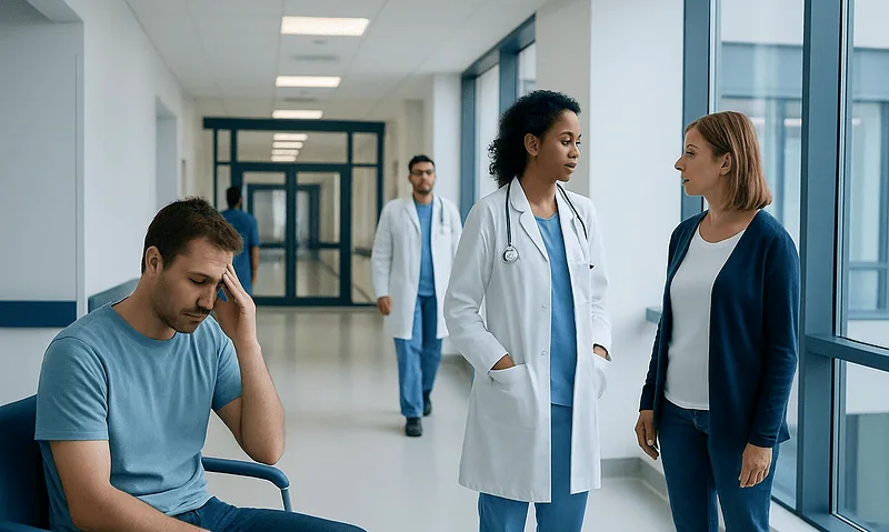Patient in hospital corridor talking to doctor, feeling unwell.