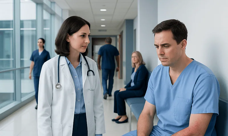 Medical professionals discussing patient care in hospital corridor.