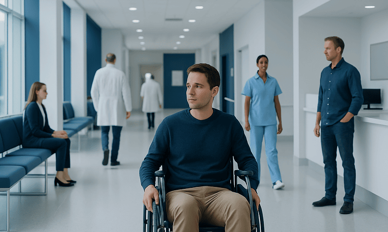 Patient in wheelchair in hospital corridor with medical staff and visitors.