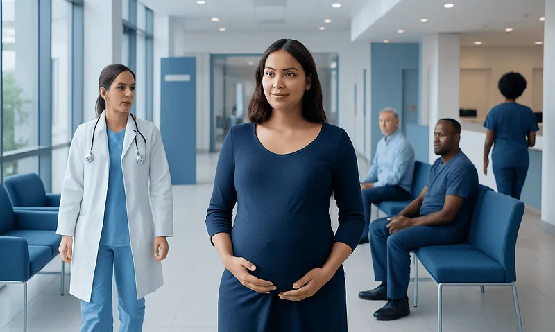 Pregnant woman waiting in hospital corridor with medical staff and patients.