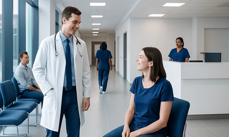 Doctor talking to a patient in a hospital corridor at Acibadem Hospitals Group.