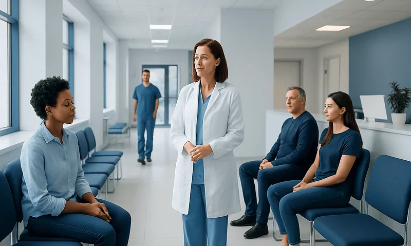 Doctor consulting patients in a modern hospital waiting area.
