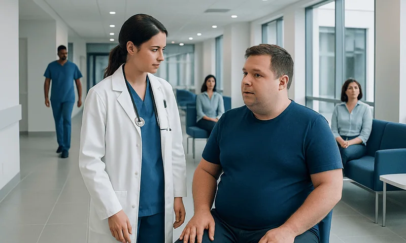 Doctor consulting a patient in a modern hospital corridor.