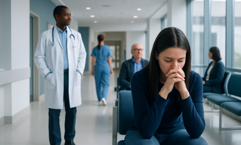 Anxious woman in hospital waiting area with medical staff nearby.