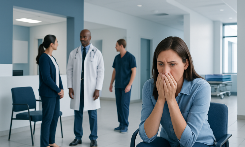An anxious woman in a hospital waiting area with medical staff in the background.