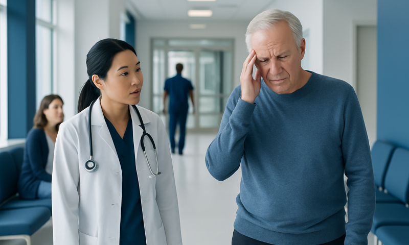 Older man experiencing headache in hospital corridor with doctor and patients nearby.