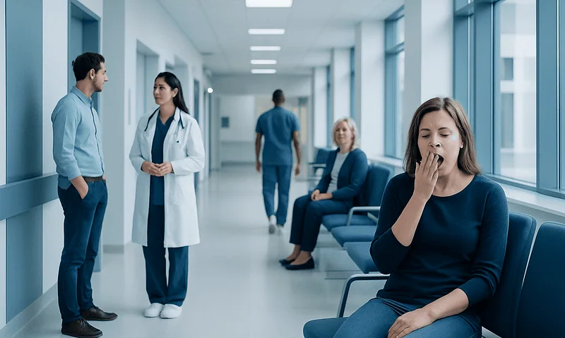 Young woman yawning in hospital corridor with medical staff and patients.