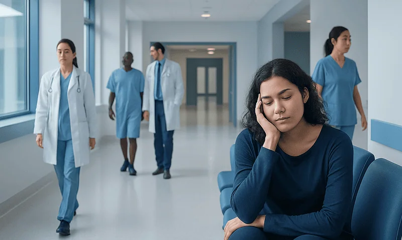 Young woman appears tired and stressed in hospital corridor with medical staff in background.