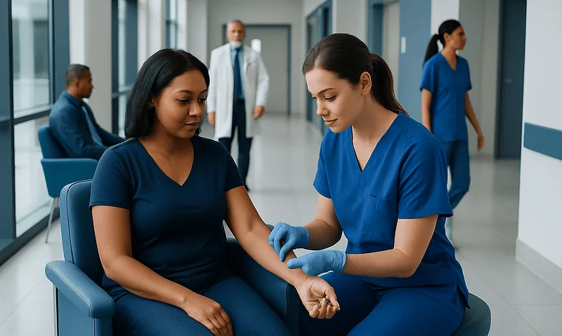Nurse drawing blood from a patient in a hospital corridor.