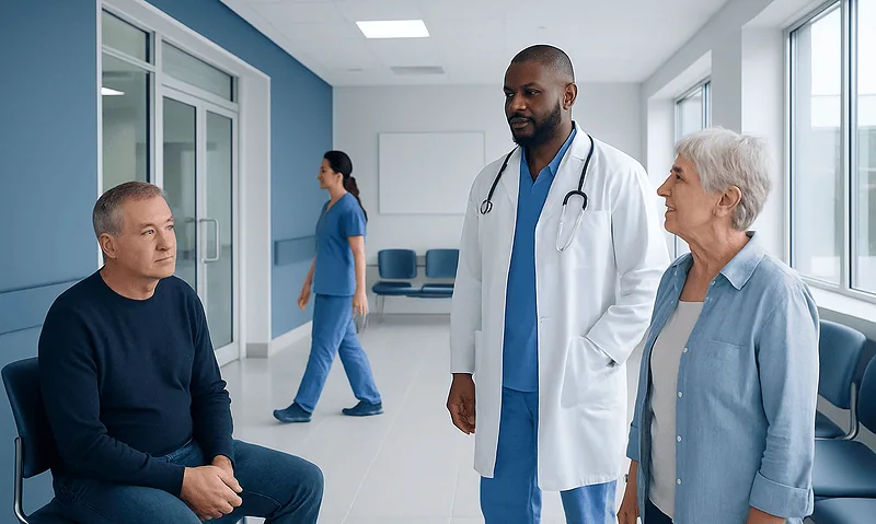 Doctor consulting with elderly patient in hospital corridor.
