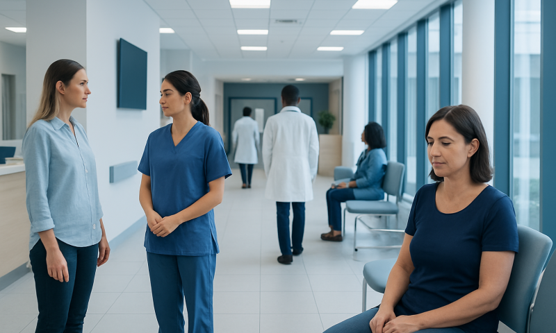 Medical staff and patients in a hospital corridor at Acibadem Hospitals Group.