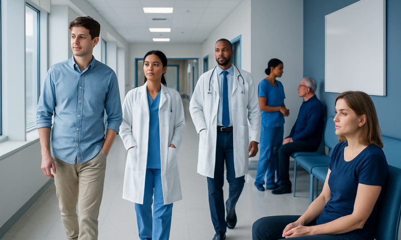 Medical team walking in hospital corridor with patient waiting area.