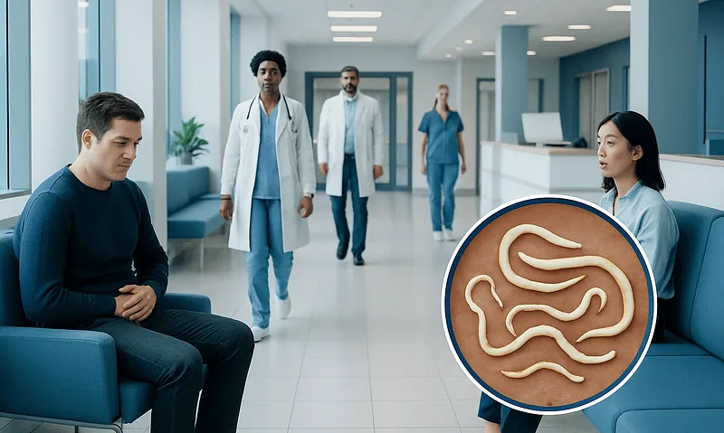 Patient waiting in hospital with inset of intestinal worms.