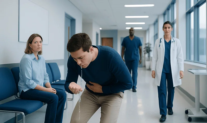 Throwing up clear liquid: Common Causes, Warning Signs, and When to See a Doctor 13 Young man experiencing stomach pain in hospital corridor.