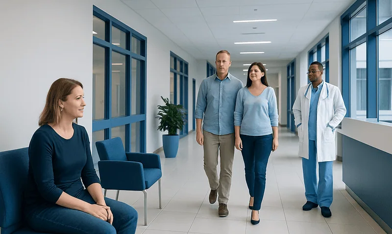 Patients and doctor walking in hospital corridor for health consultation.