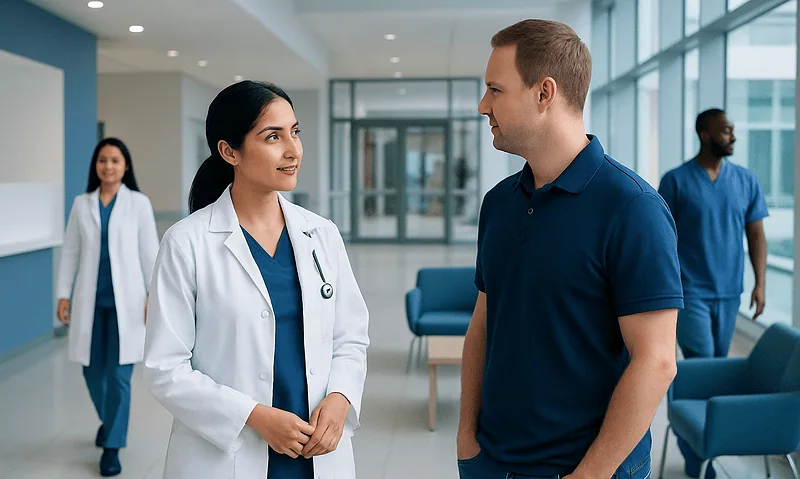 Medical professionals discussing patient care at Acibadem Hospital.